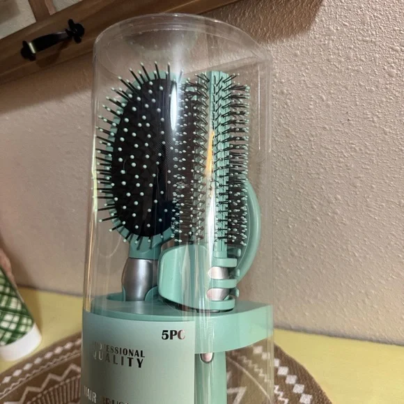 🆕 5 PC Mint Green Beauty Set - 2 Hair Brushes, Mirror, Hair-clip & Organizer - Picture 2 of 4